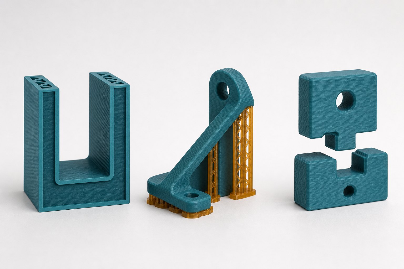 Three 3D printed examples showing wall thickness, support planning and part clearance checks